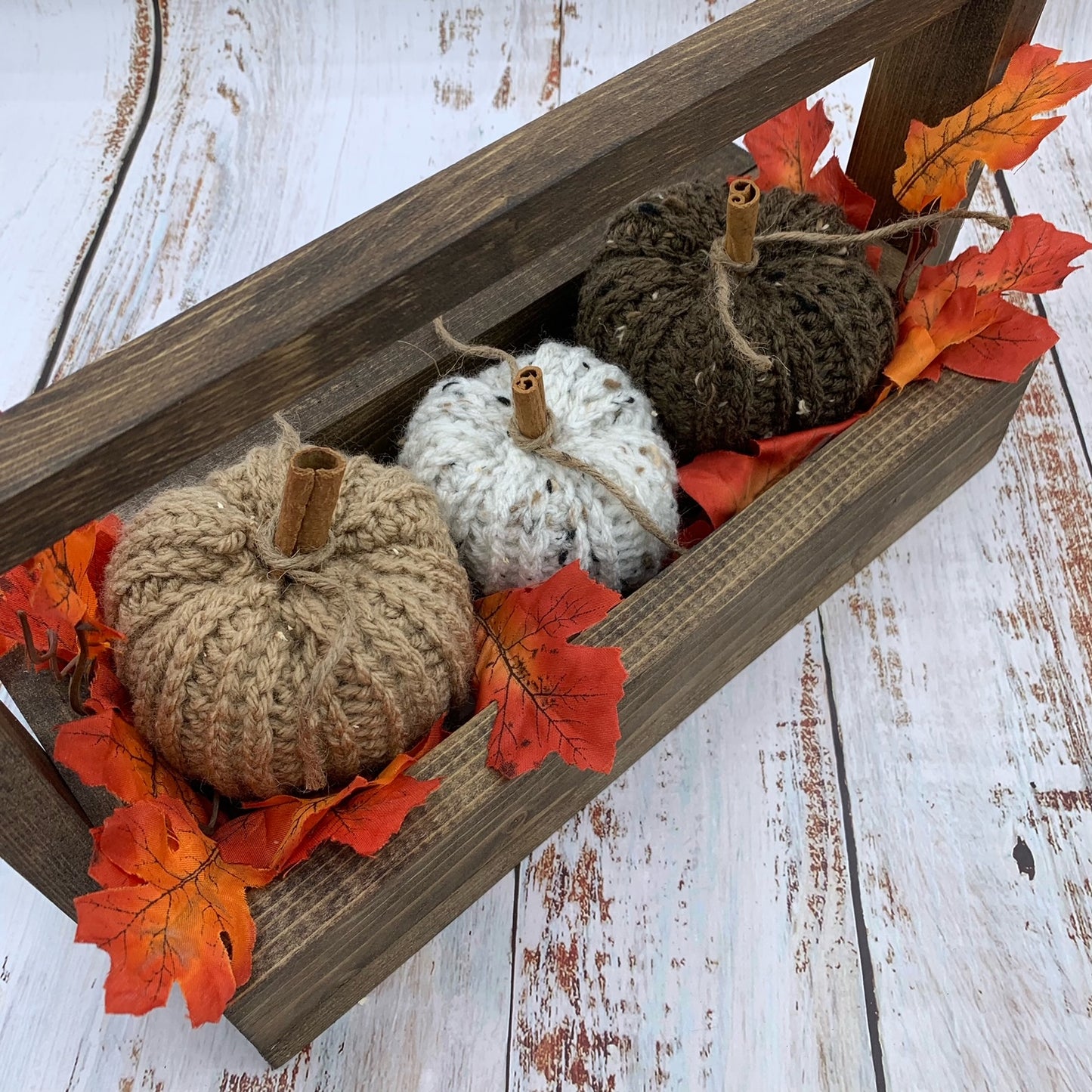 Crochet Pumpkin in Crate with Orange Leaves