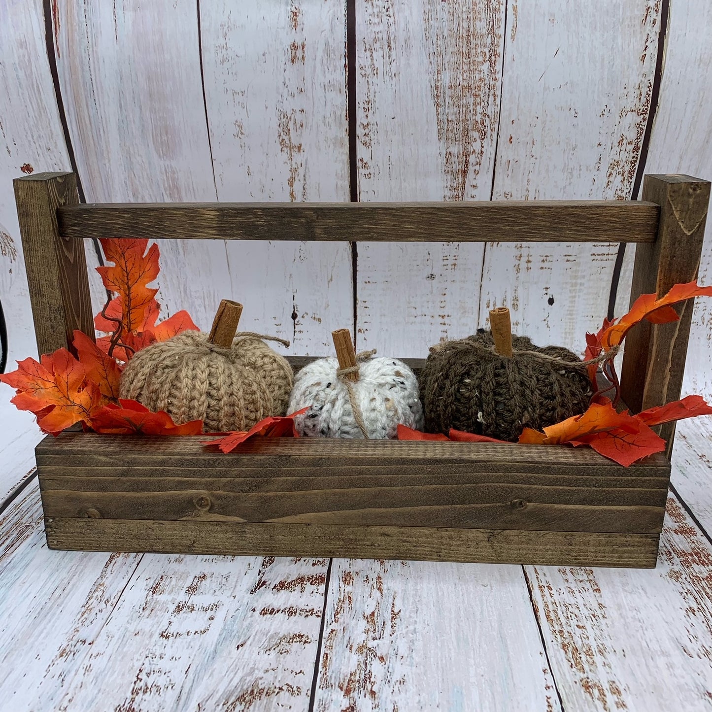 Crochet Pumpkin in Crate with Orange Leaves