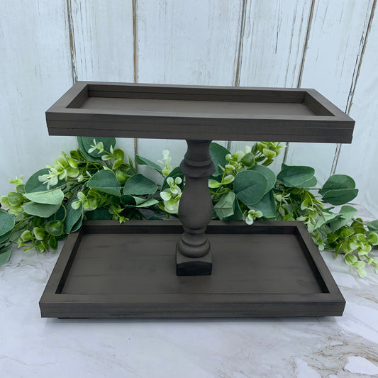 2 Tier Rectangular Tray Wood Post Stand